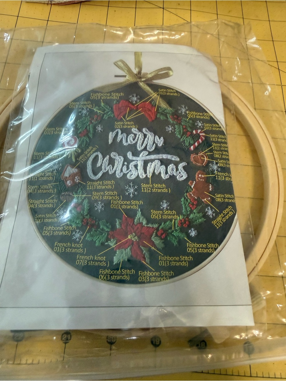 Merry Christmas Embroidery Kit – Green & Red Holiday Wreath